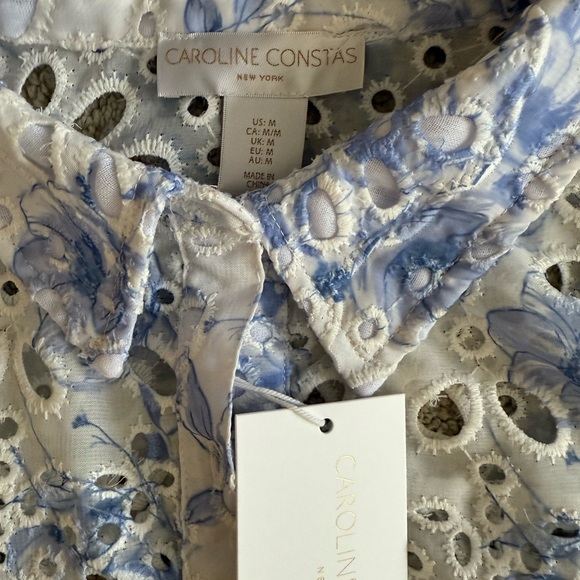 Caroline Constas Floral Eyelet Lace Blouse Sz Medium Blue & White New With Tags - Picture 4 of 5